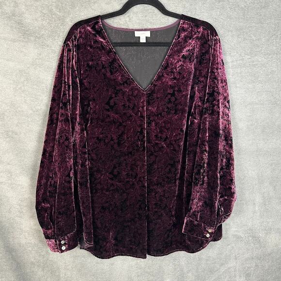 J Jill Top Womens Extra Large Purple Paisley Velvet V Neck Festive Party Holiday - Picture 1 of 11